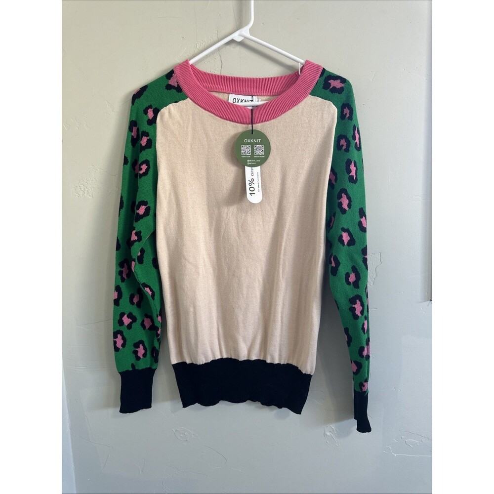 Oxknit NWT Small Cream Green Sweater Leopard Print Women’s S